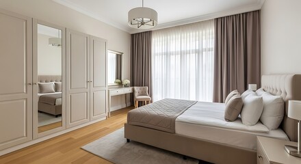 Elegant Beige and Cream Bedroom Interior Design with Large Windows