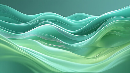 Abstract flowing landscape with smooth undulating waves in cool teal and aquamarine gradient, soft diffused light, intricate embossed textures, dynamic depth, and reflective surfaces