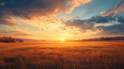 A dreamy sunset over an autumn field, soft pastel colors