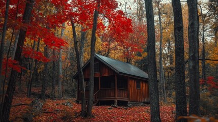 A wooden cabin in the woods, surrounded by red maple trees 