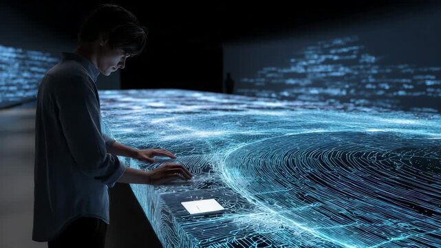 Man is typing on a computer keyboard. The computer screen is displaying a blue. ultra-modern tech desk with quantum code projected in air, faceless figure analyzing patterns, quantum ai development