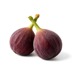 A close-up studio shot features two plump deep purple figs with visible ribbed skin and delicate green stems against a stark white backdrop