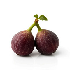 A close-up studio shot showcases two plump deep purple figs with textured skin and delicate green stems and leaves