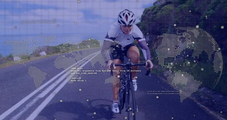 Female cyclist pedaling bike along coast shifting to drops and activating performance data overlay - Powered by Adobe