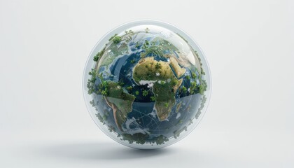 Fototapeta premium A small Earth enclosed within a transparent dome filled with thriving greenery, symbolizing nature’s growth and the protection of the planet within a controlled biosphere
