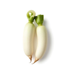A top-down view of two elongated white daikon radishes with vibrant green tops presented against a pure white backdrop