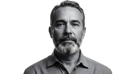 Monochrome portrait of a man with a beard wearing a collared shirt against a white background