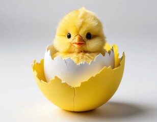 A yellow plush chick emerging from a soft yellow-and-white cracked egg—symbolizing playful rebirth, cuteness, and cheerful beginnings in a gentle plushy world