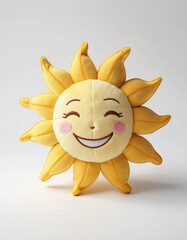 A cheerful plush sun with soft yellow rays and a smiling embroidered face—closed eyes, rosy cheeks—radiating warmth, softness, and playful positivity