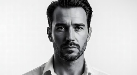 A monochrome portrait of a man with dark hair and a beard wearing a white collared shirt looking forward