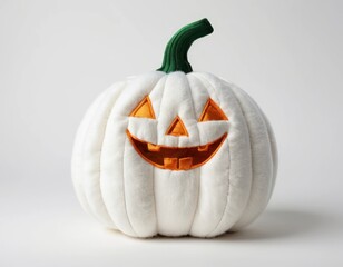 A white plush pumpkin featuring a stitched jack-o’-lantern face in orange fabric and a soft green stem—radiating cozy whimsy and cheerful Halloween charm