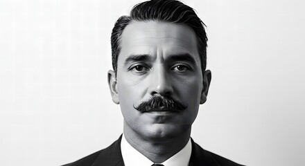 Close up portrait of a man with a mustache in a suit in black and white against a white background