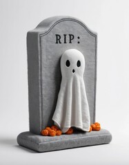 A Halloween decoration featuring a soft gray tombstone labeled “RIP:”, a white plush ghost with black eyes and mouth, and small orange pumpkins—evoking a cozy, playful festive mood