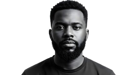 A grayscale portrait of a man with a beard looking directly at the camera on a white background image