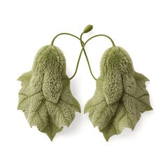 Two textured green felted wool leaves with detailed veins are connected by thin wire presented against a clean white backdrop