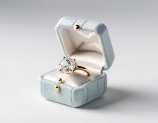 A classic gold ring with a single diamond, displayed in a soft light-blue velvet box-symbolizing proposals, celebrations, and love through timeless elegance