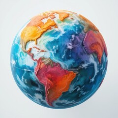 An artistic globe where each continent is painted in distinct tones orange, red, purple and the oceans swirl in blue-green patterns with white accents, evoking the beauty of diversity, identity