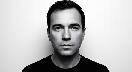 A monochrome portrait of a man with dark hair and a black shirt against a white background looking forward