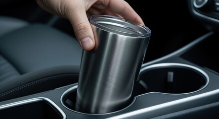 hand placing stainless steel tumbler into car cup holder close-up