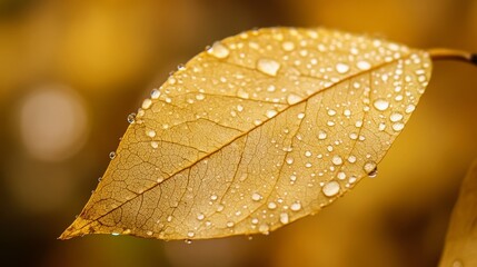 A high-detail close-up of a single golden leaf with water droplets 