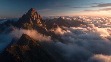 Mountain peaks above clouds at sunrise