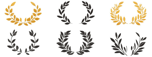 Six laurel wreath designs in gold and black isolated on a transparent background leaves