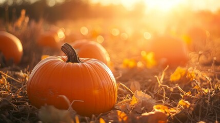 A pumpkin patch with warm sunlight, cozy autumn vibes 