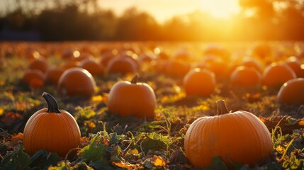 A pumpkin patch with warm sunlight, cozy autumn vibes 