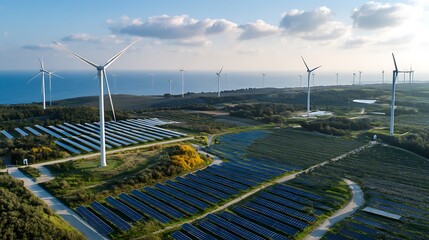 Wind turbines and solar panels side by side in a thriving green energy farm .