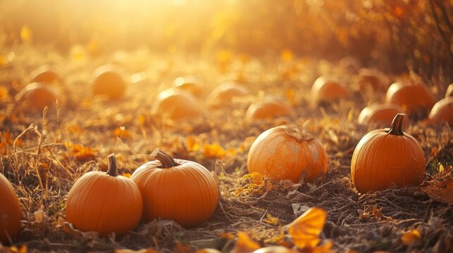 A pumpkin patch with warm sunlight, cozy autumn vibes 