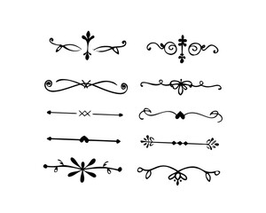 text dividers doodle set. Wedding decorative elements. Divider ornament, borders, floral, vintage line separators. Hand drawn vector illustration isolated on white background. Set page dividers.