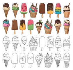 Colorful Ice Cream Collection Vector Illustration featuring Cones, Popsicles, and Sundaes for Summer Treats and Design Projects