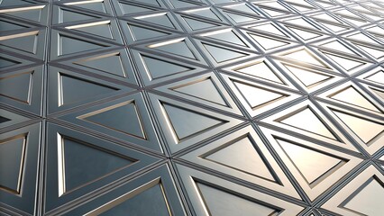 Abstract geometric background featuring a polygon mesh pattern. Futuristic metallic surface with triangular shapes and a reflective chrome finish.