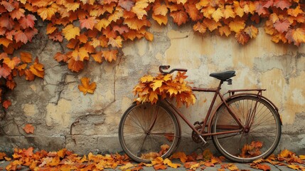 A vintage autumn wallpaper with an old bicycle covered in leaves 