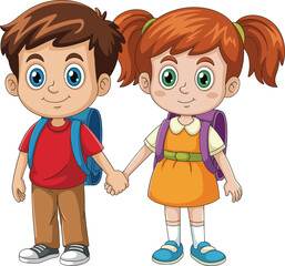 Happy cartoon kids going to school, boy and girl holding hands with backpacks, cute children education concept illustration