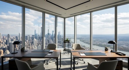 A luxurious high-rise corner office with two desks overlooking a panoramic city skyline and river.