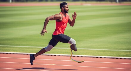 Male amputee athlete running with prosthetic blade on outdoor track