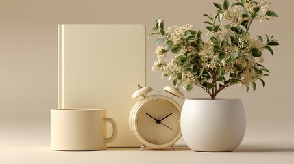a minimalist white analog alarm clock, a notepad, and  a plant pot with a small plant, simple design, soft beige background, product photography.