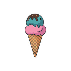 Delightful Double Scoop Ice Cream Cone Vector Art with Chocolate Drizzle for Sweet Treats and Dessert Illustrations