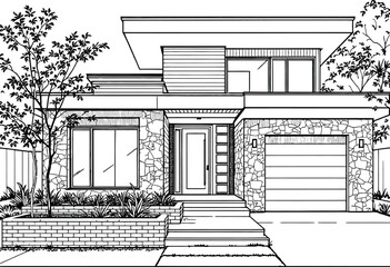 Fototapeta premium Stylized Line Art of Modern Home with Mixed Materials, Raised Landscaping, and Flat Roof Design