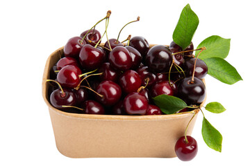 Fresh sweet cherries in cardboard basket, isolated on transparent background, PNG