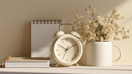 a minimalist white analog alarm clock, a notepad, and  a plant pot with a small plant, simple design, soft beige background, product photography.