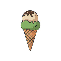 Delightful Double Scoop Ice Cream Cone with Chocolate Drizzle Illustration for Summer Treats and Dessert Menus, Isolated on White