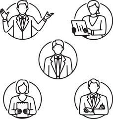 Set of business people icons in outline style featuring diverse professionals in various poses perfect for representing teamwork leadership and corporate communication in a modern