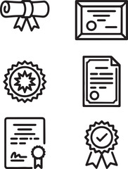 Set of black and white line art icons representing certificates awards and documents suitable for education business or achievement related designs and presentations