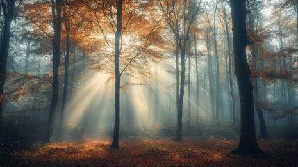 A misty forest in autumn with light rays passing through trees 