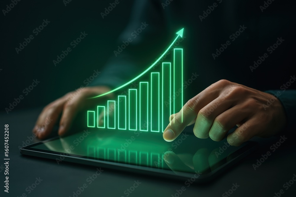 Poster digital growth visualization: a person interacts with a digital tablet displaying a vibrant glowing 