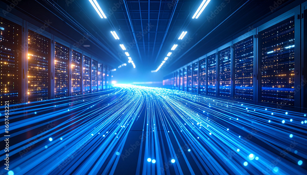 Poster data flow: a futuristic server room bathed in a cool, blue glow, with digital data streams. a visual