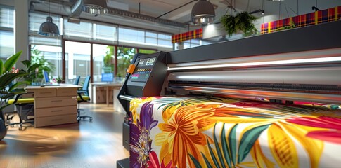 A large industrial printing machine is producing a floral pattern on fabric