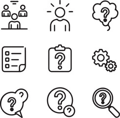 Set of line icons representing business concepts such as teamwork ideas questions checklist problem solving and research ideal for presentations and web design projects